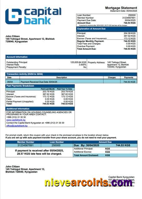 Kyrgyzstan Capital Bank Kyrgyzstan mortgage statement Word and PDF template